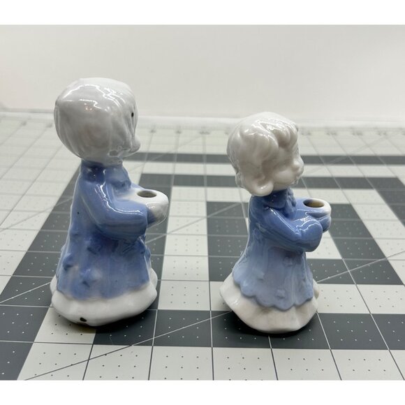 Set of Glazed Ceramic Girl and Boy Blue White Caroler Candle Holders - Picture 2 of 6